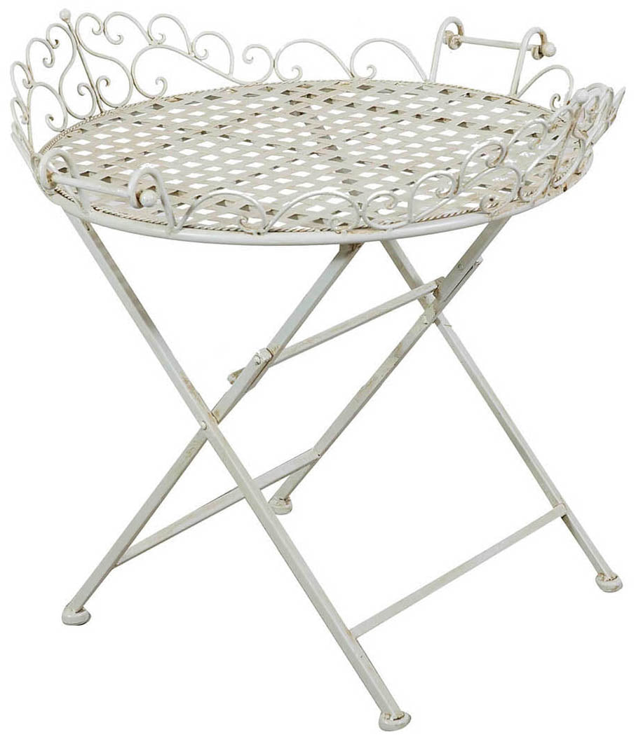 Biscottini Tavolino vassoio pieghevole in ferro battuto finitura bianca anticata diam.72x65 cm