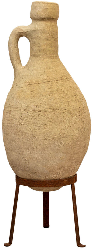 Biscottini Vecchia anfora giara con manici in terracotta e base portavasi in ferro