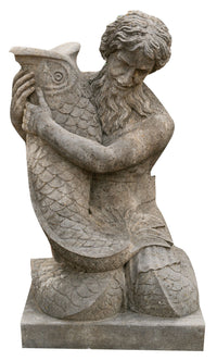 Biscottini Vecchia statua in pietra raffigurante un uomo con un pesce Molto solida robusta