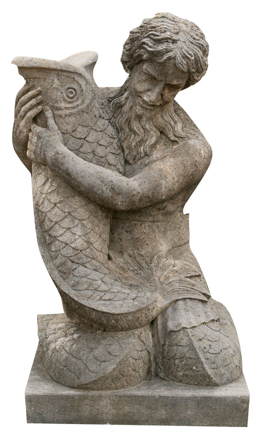 Biscottini Vecchia statua in pietra raffigurante un uomo con un pesce Molto solida robusta