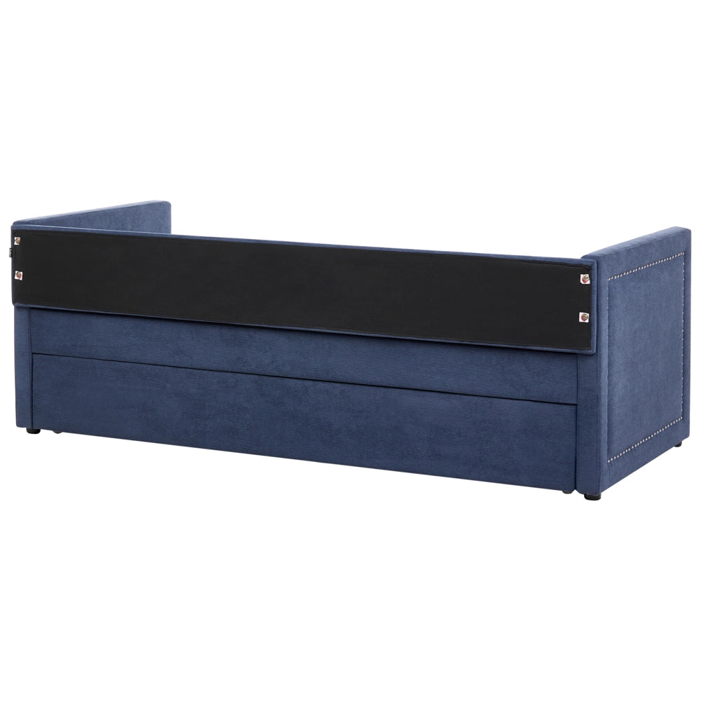 Letto da giorno estraibile velluto a coste blu marino 90 x 200 con rete a doghe e testiera con chiodini