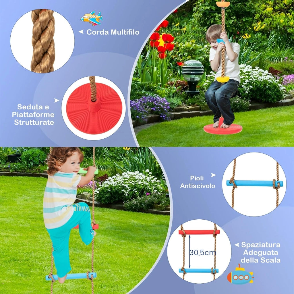 Set Altalena per Bambini Robusta, Set Altalena 4 in 1 con Canestro Basket, Altalena Regolabile, Scala e Disco con Corda, Giochi da Interno ed Esterno per Bambini 3-9 Anni, Portata 300 kg