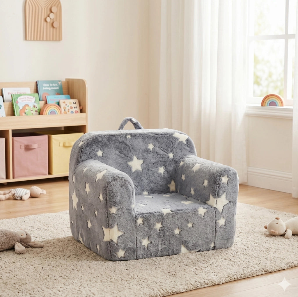 poltroncina bimbi 64x49x49 cm grigio stelle con maniglia e tasca