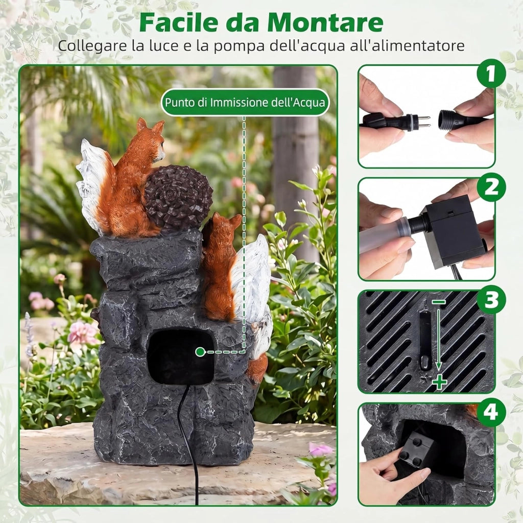 Fontana a Cascata, Fontana da Esterno ed Interno con 4 Luci LED e Flusso d'Acqua Rilassante, Fontana a Forma di Scoiattolo e Nocciola in Resina Selezionata, 34 x 25 x 59 cm