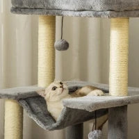 Albero Tiragraffi con Corde Sisal, Casetta e Amaca, Rivestimento Peluche e Feltro, Altezza 100cm, Grigio
