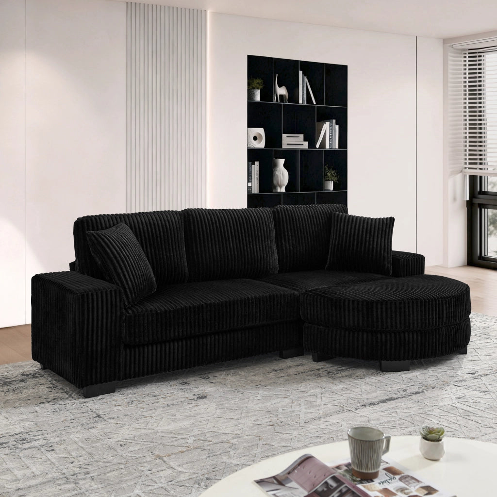 Divano angolare modulare in velluto a coste con pouf ovale reversibile e 2 cuscini nero 256,5 × 133,5 × 89 cm