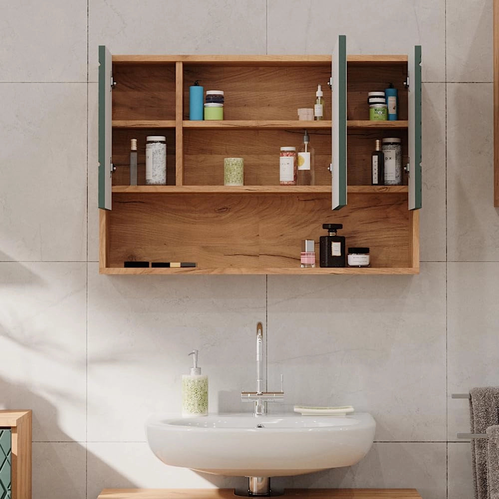 Mobile da bagno con specchio Irma, Quercia verde/oro, 80.1 x 55 cm, con specchio e ripiani aperti per montaggio a parete