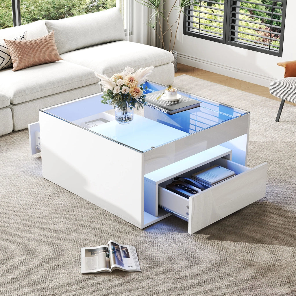 Tavolino da caffè con 2 cassetti e LED - per soggiorno - 70x70x35 cm - bianco