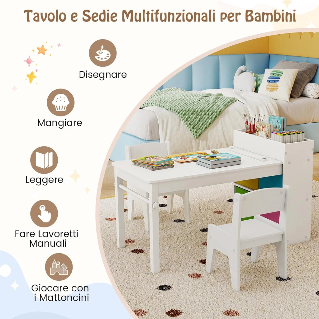 3 in 1 Set Tavola d’Arte e 2 Sedie per Bambini, Tavolo in Legno con Rotolo di Carta per Disegnare, Mobile Montessori per Cameretta con Ripiani e 4 Cassetti in Tessuto Salvaspazio (Bianco)