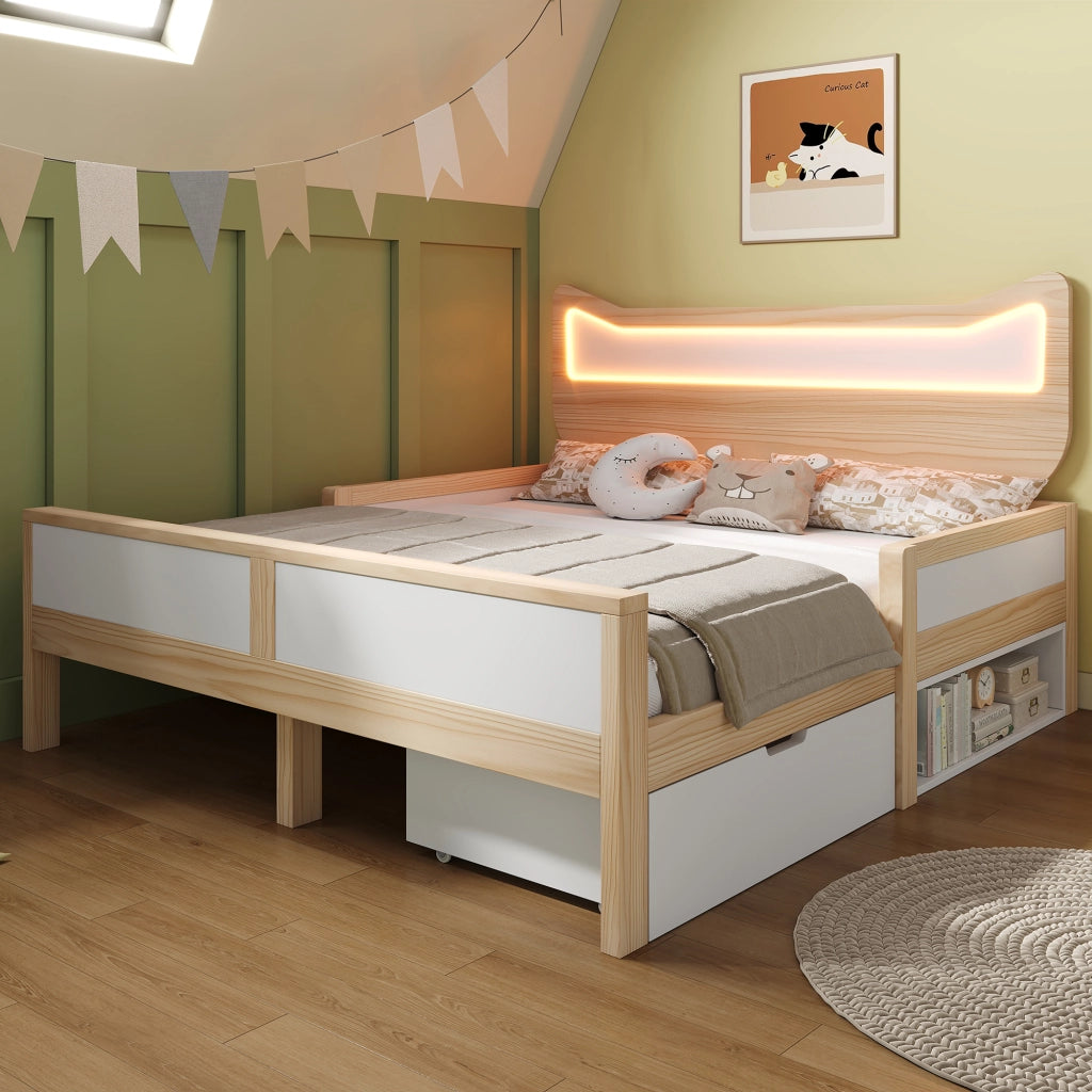 LETTO Bambini 140x200 cm Testiera gatto RGB LED Bianco e Rovere