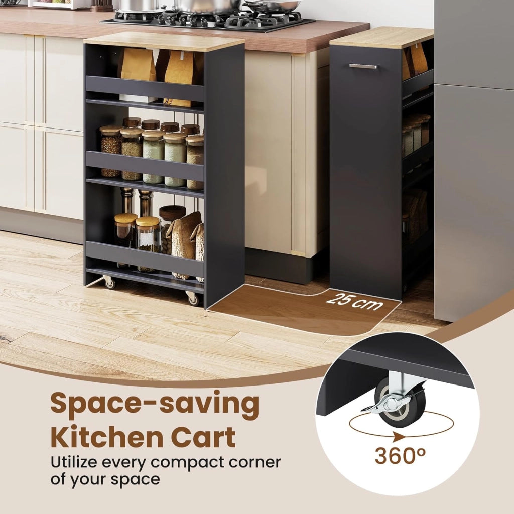Carrello per Nicchia con Ruote, 4 Livelli，Carrello di Servizio Stretto Salvaspazio, da Bagno, Scaffale da Cucina Sottile 47,5 x 13 x 80,5 cm (Naturale+Grigio, Largo 25 cm)
