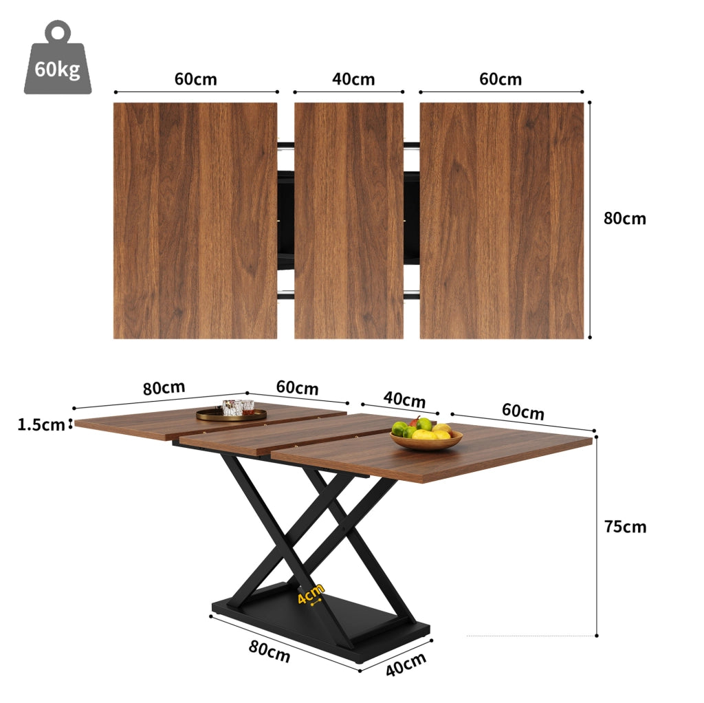 Tavolo da pranzo allungabile 120-160x80x75 cm; MDF e metallo; noce e nero