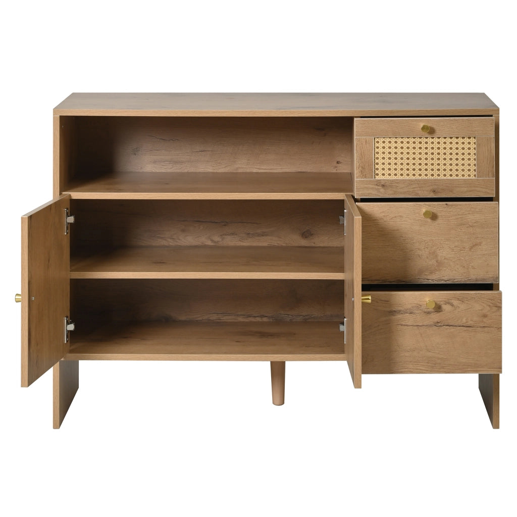 Credenza, 3 cassetti, decorazioni in vimini, finitura effetto legno, 105 x 40 x 76 cm, color legno naturale
