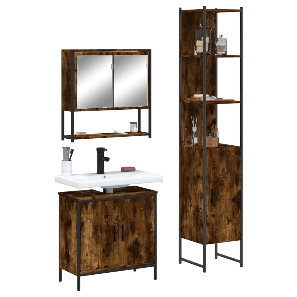 Set Mobili da Bagno 3 pz Rovere Fumo in Legno Multistrato 3214682