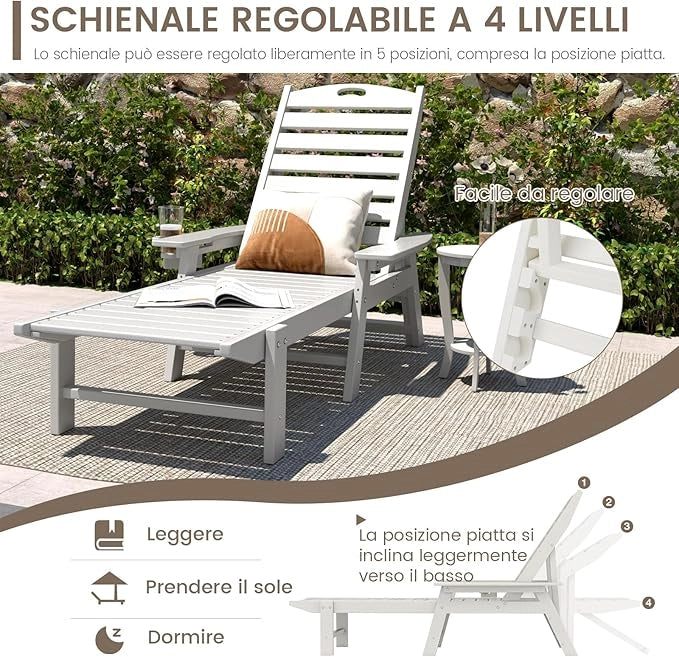 Lettino da Prendisole Giardino, Poltrona Reclinabile da Esterno in HDPE con Schienale Regolabile in 4 Posizioni e Portabicchieri, Sedia a Sdraio da Esterno, Portata 150 kg