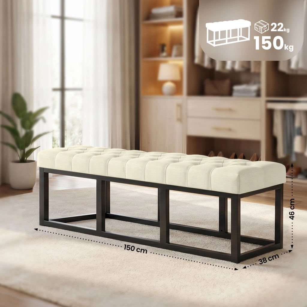 Panca design AMUN in metallo nero opaco e tessuto crema,150 cm