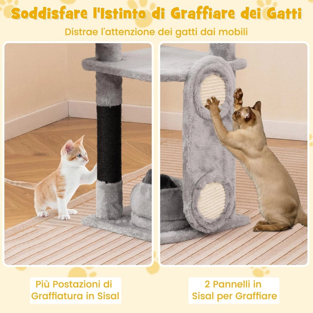 Tiragraffi per Gatti Alto 144 cm, Albero Tiragraffi Gatto con 3 Pali in Sisal, Amaca, 2 Pompom e Grotta, Cuccia Albero Gatto Imbottito in Peluche con Tavola in Sisal, Grigio
