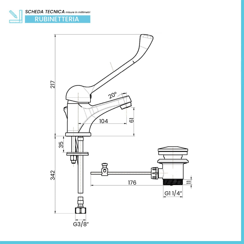 Miscelatore lavabo in ottone cromato con leva clinica