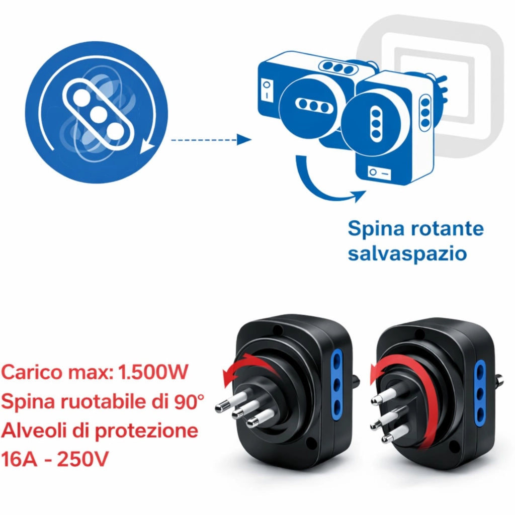 Adattatore Rotante Spina 10A con 2 Prese 2P+T e Presa Bipasso Schuko Protezione Sovraccarico 1500W | 1080N
