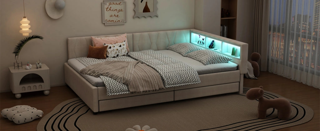 DESMIU Letto divano 140 × 200 cm 2 posti con LED regolabile, USB, Type-C, 2 cassetti, senza materasso, lino beige