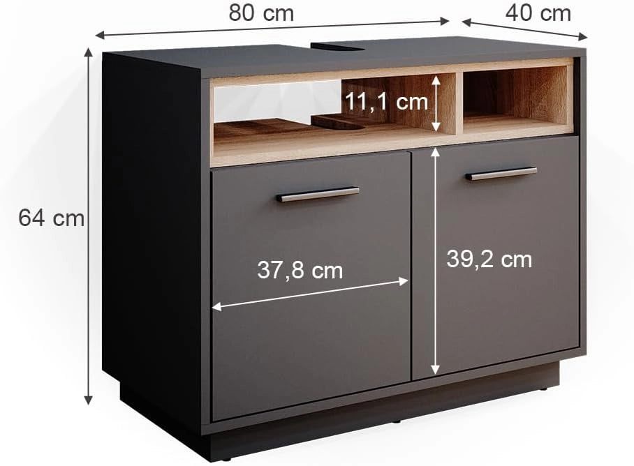Mobile sottolavabo per bagno Beatrice, Antracite, 80 x 64 cm, con ritaglio per sifone e ripiani aperti