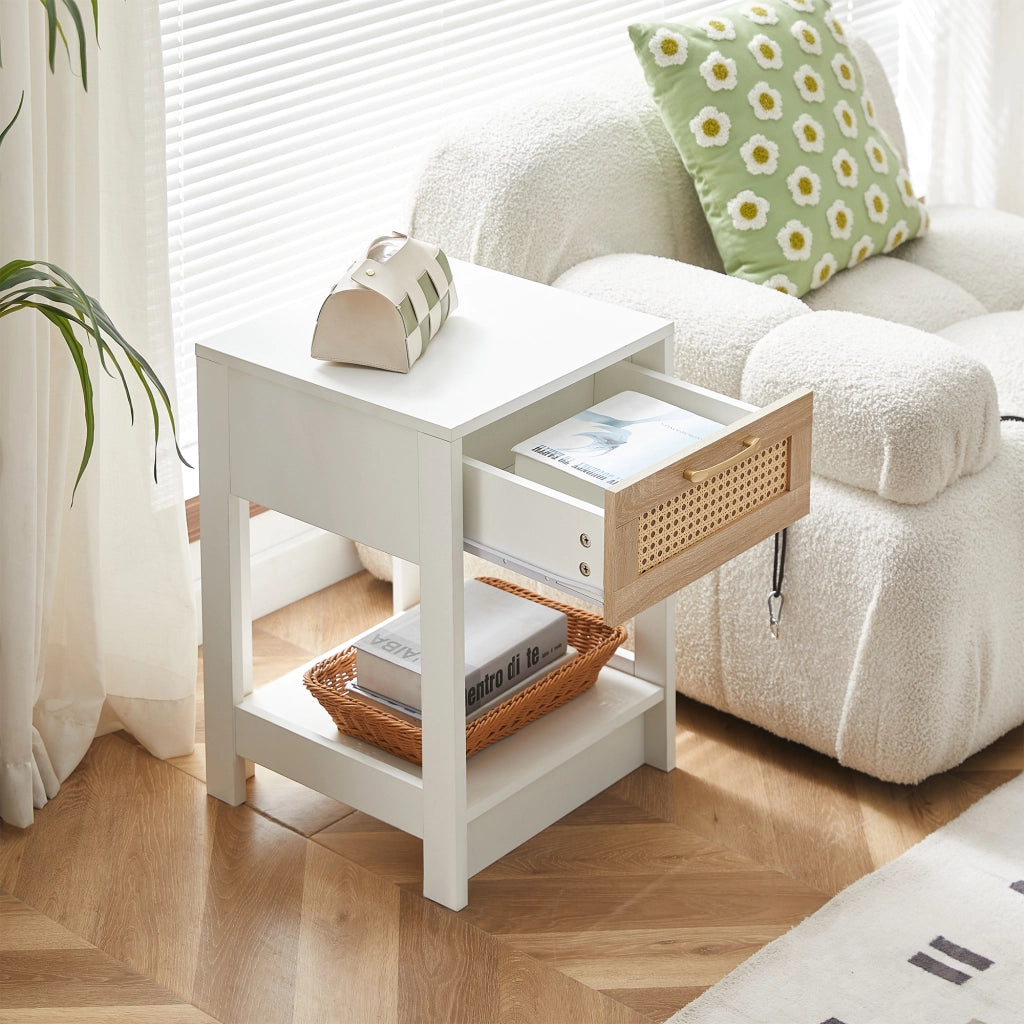 Comodino in rattan con cassetto per camera da letto e soggiorno in MDF naturale e bianco 40 × 40 × 55 cm
