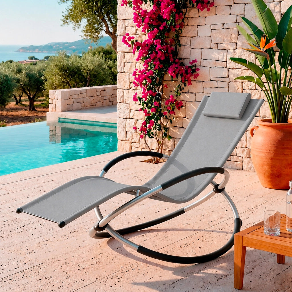 Dondolo Reclinabile Da Giardino Con Poggiatesta Removibile In Textilene Traspirante Telaio Metallo Relax Outdoor 73 x 150 x 93 Cm Grigio
