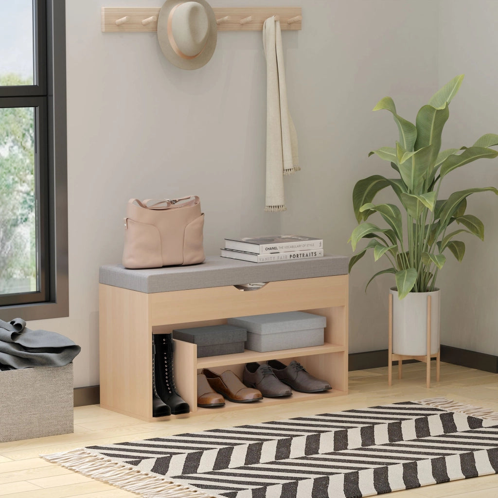 Panca Scarpiera 2 Ripiani in MDF con Cuscino 80x30x48 cm  Grigio e Rovere