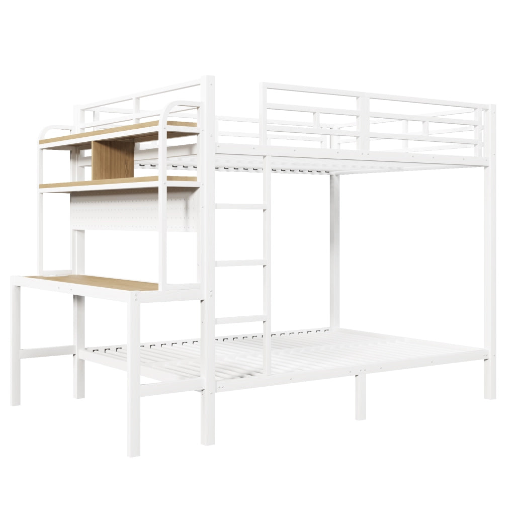 OKWISH Letto a Castello 140×200 cm, Letto Matrimoniale con Scrivania, LED Regolabile, USB, Ripiani e Scala, senza Materasso, Bianco