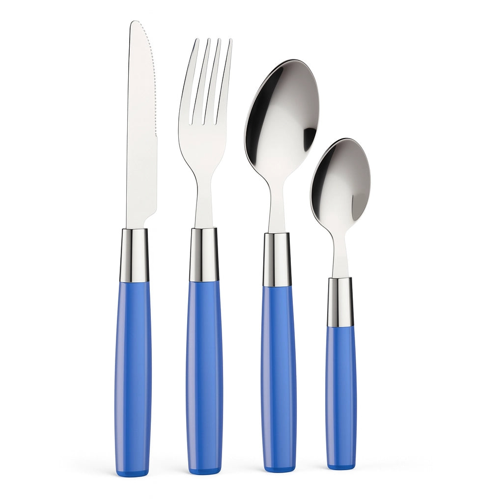 Kit 16 Posate Acciaio Manico Blu con Supporto Scolaposate Design Moderno