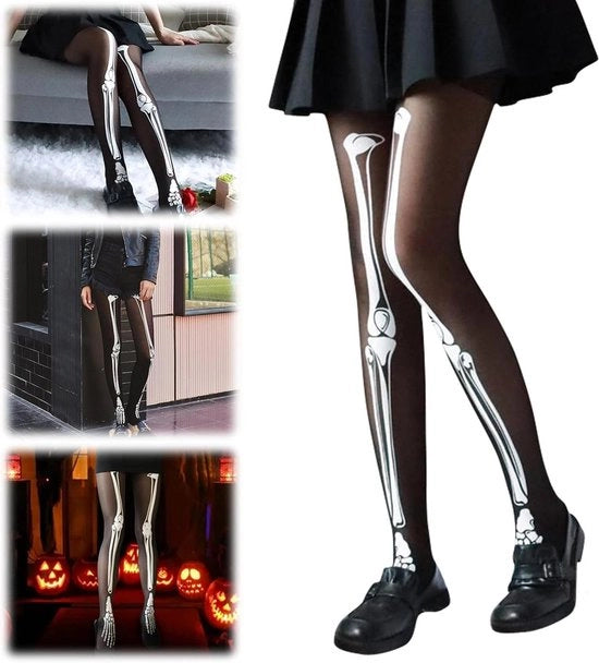 Pantaloni neri con disegno di scheletro di Halloween - Calze da donna con stile sexy in nylon - Pantaloni elastici per occasioni festive
