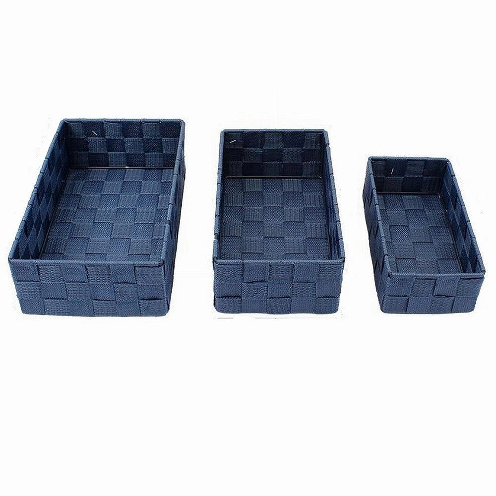 Trade Shop - Set 3 Pezzi Scatola Porta Oggetti In Tessuto Intrecciato Contenitori Blu 79058 -