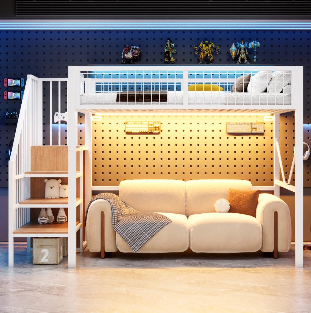 Letto a soppalco 90x200 cm con LED e scala contenitore in metallo bianco