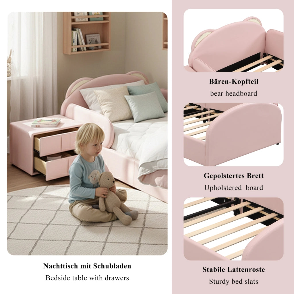 DESMIU Letto bambini 90 × 200 cm con testiera orso, comodino coordinato, senza materasso, in PU, rosa