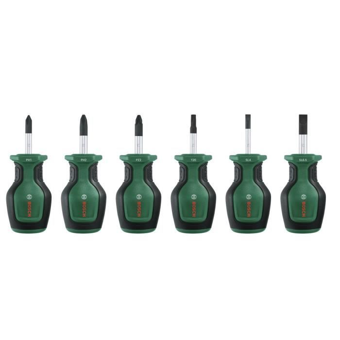 Bosch Set di 6 cacciaviti corti (per spazi ristretti PH/PZ/TX/Flat S2 acciaio punta magnetica ad alta coppia)