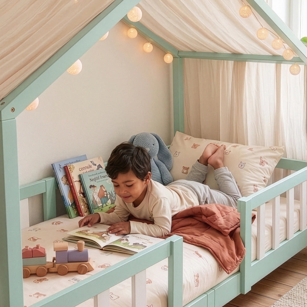 Letto per Cameretta Treviolo a Forma di Casetta in Stile Montessori con Materasso 90x200 cm - Menta Verde/Bianco [en.casa]