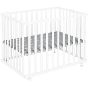 Box pieghevole per bambini - ROBA - LITTLE STARS - 75 x 100 cm - Altezza regolabile - 4 ruote frenate - Legno laccato bianco - Motivo a stelle