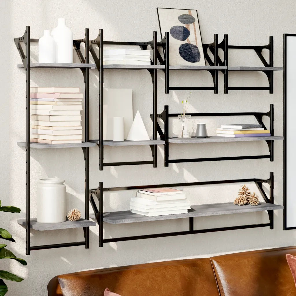Set 6 pz Mensole Parete | Mensola sospesa con Aste Grigio Sonoma Legno Multistrato