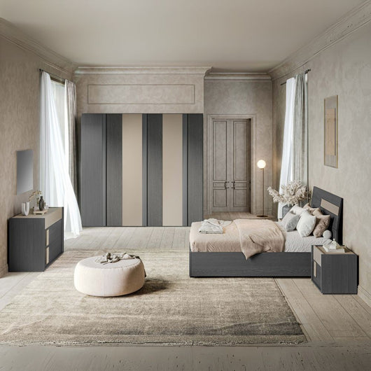 Camera da letto Faba con armadio 6 ante battenti in grigio e talco e letto contenitore in legno colore grigio e dettaglio talco