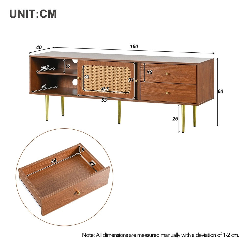 Mobile TV con Ante Scorrevoli in Rattan e Cassetti ¨C Xylo ¨C Noce, 160x40x60 cm