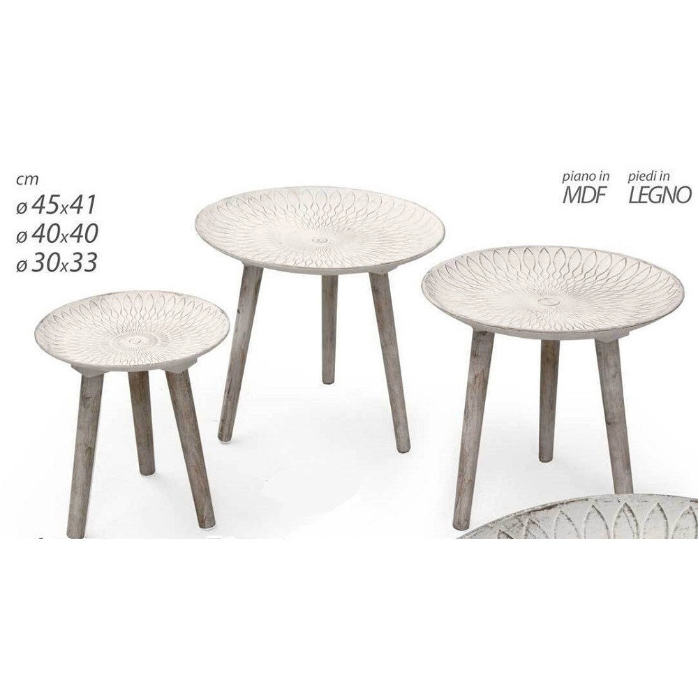 Trade Shop - Set 3pz Tavolini Piedi Legno Salotto Giardino Anticati ø45-40-30cm Tondi 783982 -