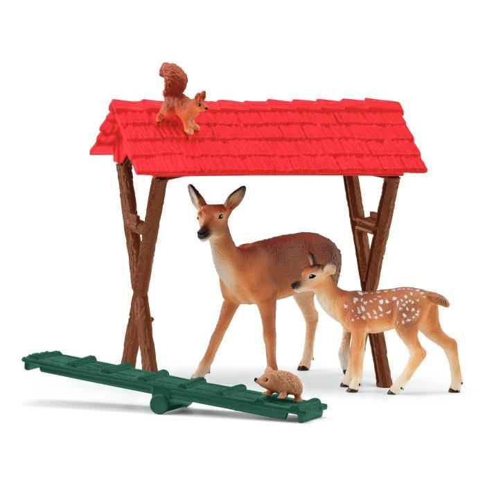 Capanna degli animali della foresta, cassapanca Schleich con capanna, 1 cerva, 1 cerbiatto, 1 scoiattolo, 1 riccio, per bambini dai 3 anni - schle