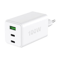 Caricatore Alimentatore GaN 100W 2x USB-C 1x USB-A Power Delivery Fast Charger Bianco