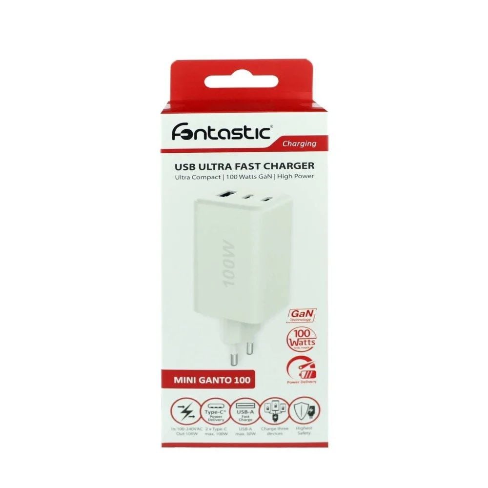 Caricatore Alimentatore GaN 100W 2x USB-C 1x USB-A Power Delivery Fast Charger Bianco