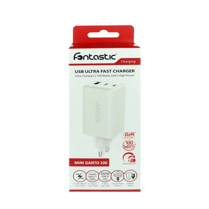Caricatore Alimentatore GaN 100W 2x USB-C 1x USB-A Power Delivery Fast Charger Bianco