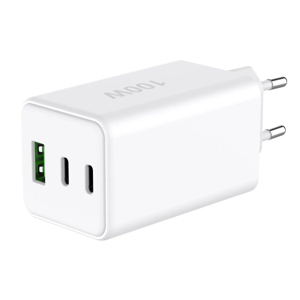 Caricatore Alimentatore GaN 100W 2x USB-C 1x USB-A Power Delivery Fast Charger Bianco