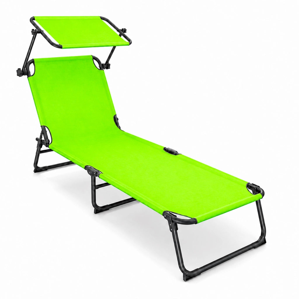 Lettino Mare Pieghevole Con Parasole Regolabile Schienale Reclinabile Struttura In Metallo Nero Sdraio Relax Per Spiaggia Giardino Campeggio Piscina 187 x 53 x 24 Cm (Verde Fluo)