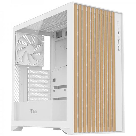 Case Itek Woody - Gaming Tower, ATX, 3x14cm White fan, 2xUSB3, Type-C, Wood Front, Temp Glass Side Panel, White Edition
