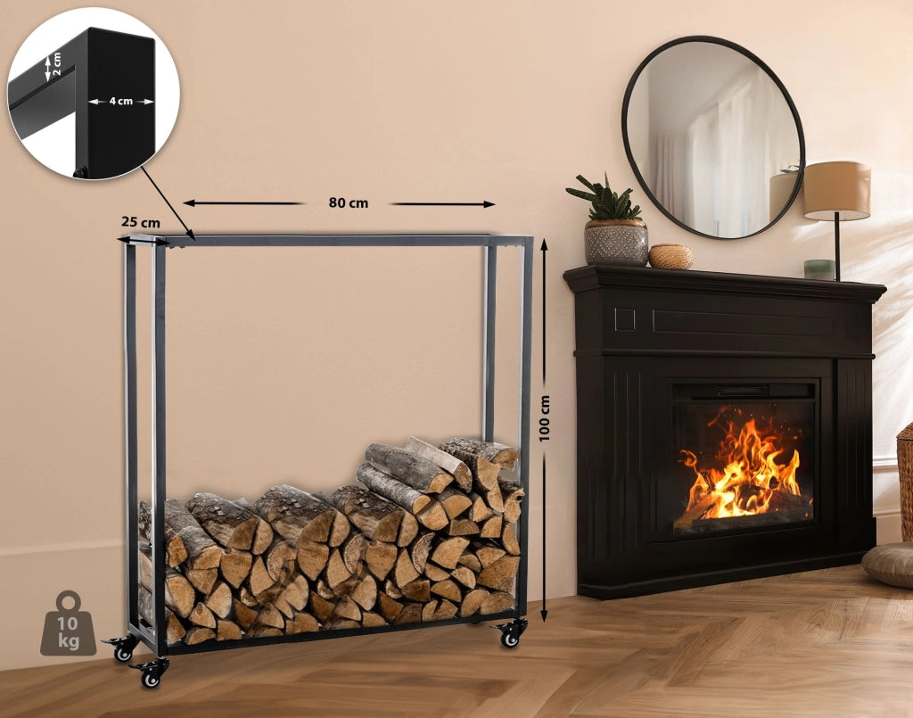 Portalegna per Camino HETTA in Acciaio Inox nero,25x80x100 cm