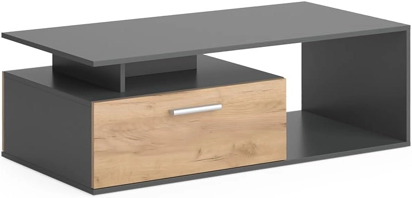Tavolino da salotto Roland, Rovere bianco/dorato, 118 x 59 cm, con ripiano per la conservazione di riviste